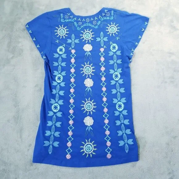 Johnny Was Oriel Flutter Sleeve Tee Shirt Size XS Blue Embroidered Boho Chic NEW - Picture 6 of 11